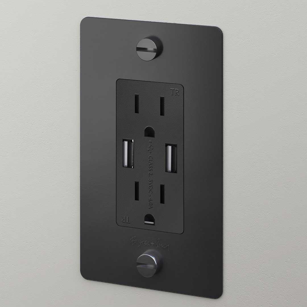 Buster + Punch 1G Combination Duplex Outlet and USB Charger Lighting Controls Buster + Punch Black Polycarbonate 