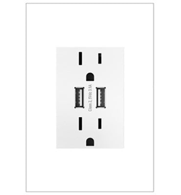 Adorne Dual USB Plus-Size Outlet Combo with Matching Wall Plate Lighting Controls Legrand White  