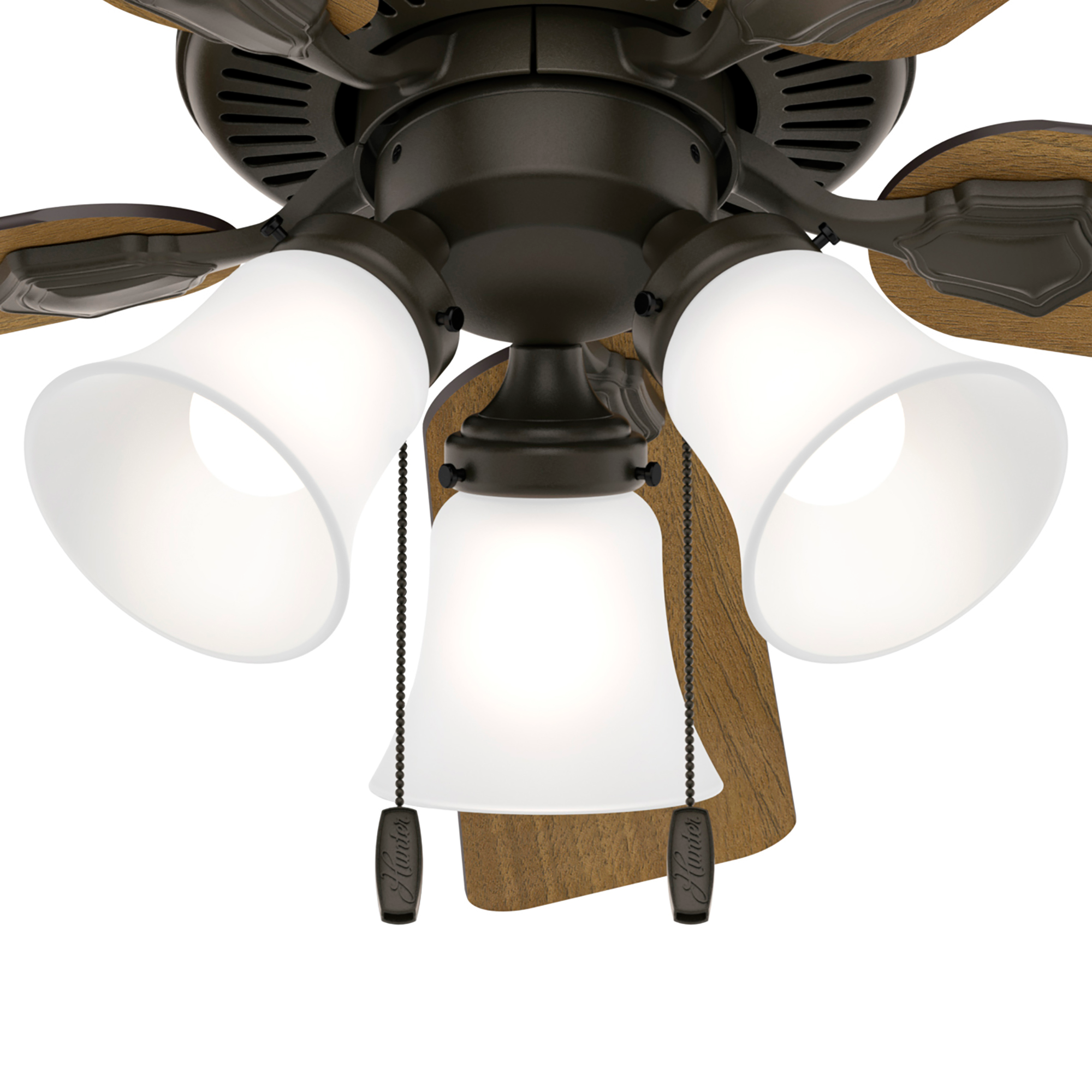 Hunter 44 inch Swanson Ceiling Fan with LED Light Kit and Pull Chain Ceiling Fan Hunter New Bronze American Walnut / Greyed Walnut Clear Frosted