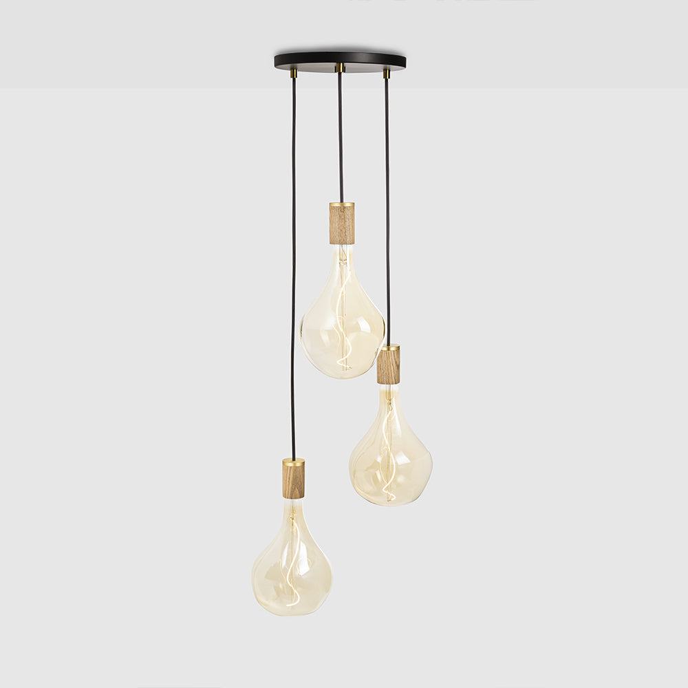 Tala Triple Pendant with Black Canopy and Voronoi II Pendant Tala Black Canopy / Brass Grip and Oak Pendants  