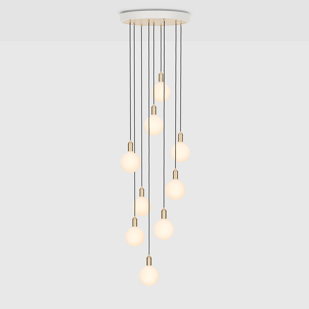 Tala Nine Pendant with Large Canopy and Sphere IV Bulbs Pendant Tala White Powder Coated Steel, Brass Plated Steel, Brass & Glass  
