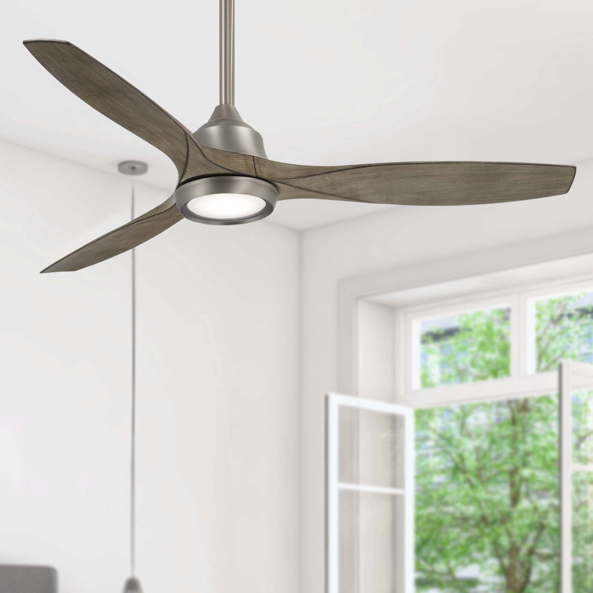 Minka Aire Skyhawk 60" Ceiling Fan with LED Light Kit F749L Ceiling Fan Minka-Aire Burnished Nickel Finish with Hand Carved Wood Driftwood Blades  