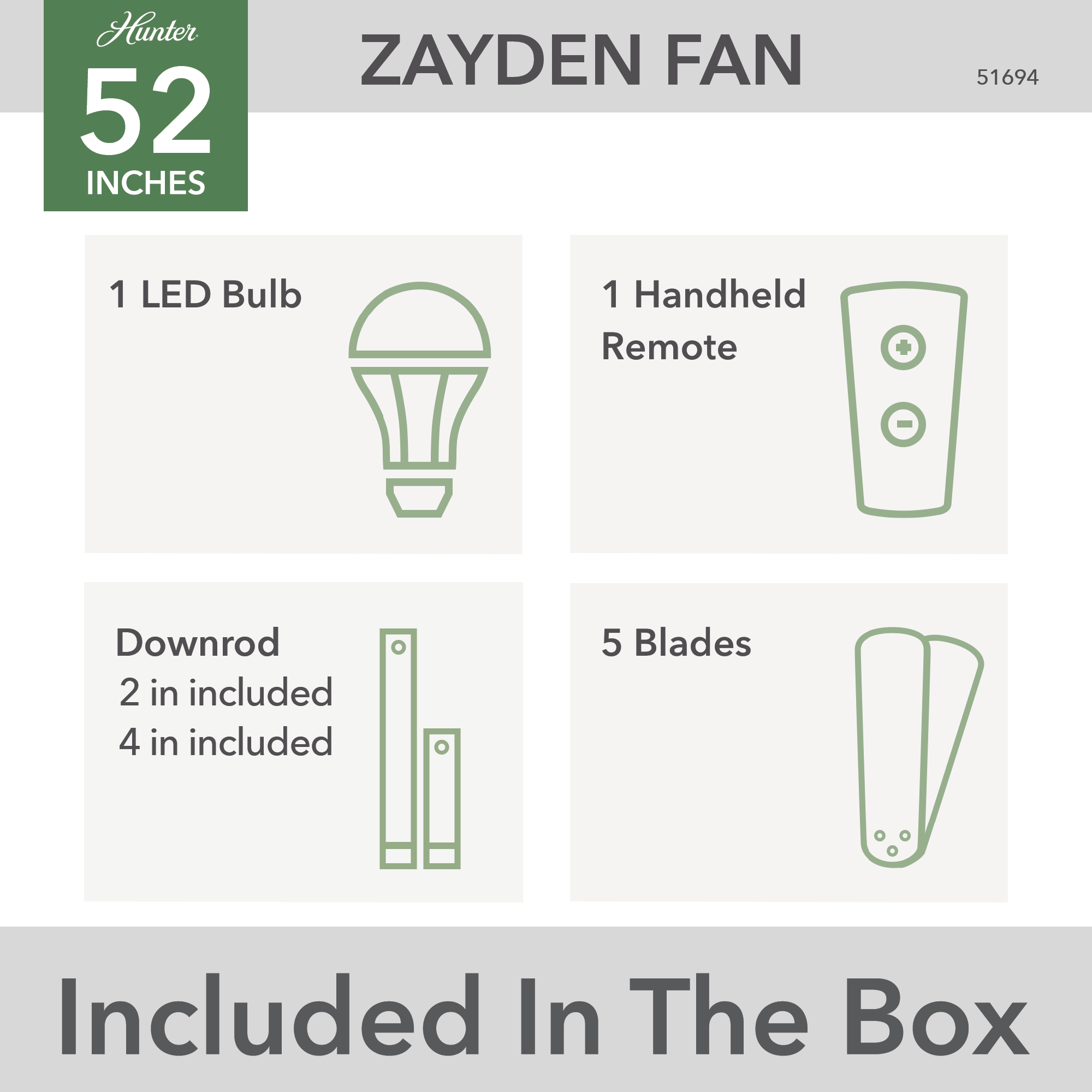 Hunter 52 inch Zayden Ceiling Fan with LED Light Kit and Handheld Remote Ceiling Fan Hunter   