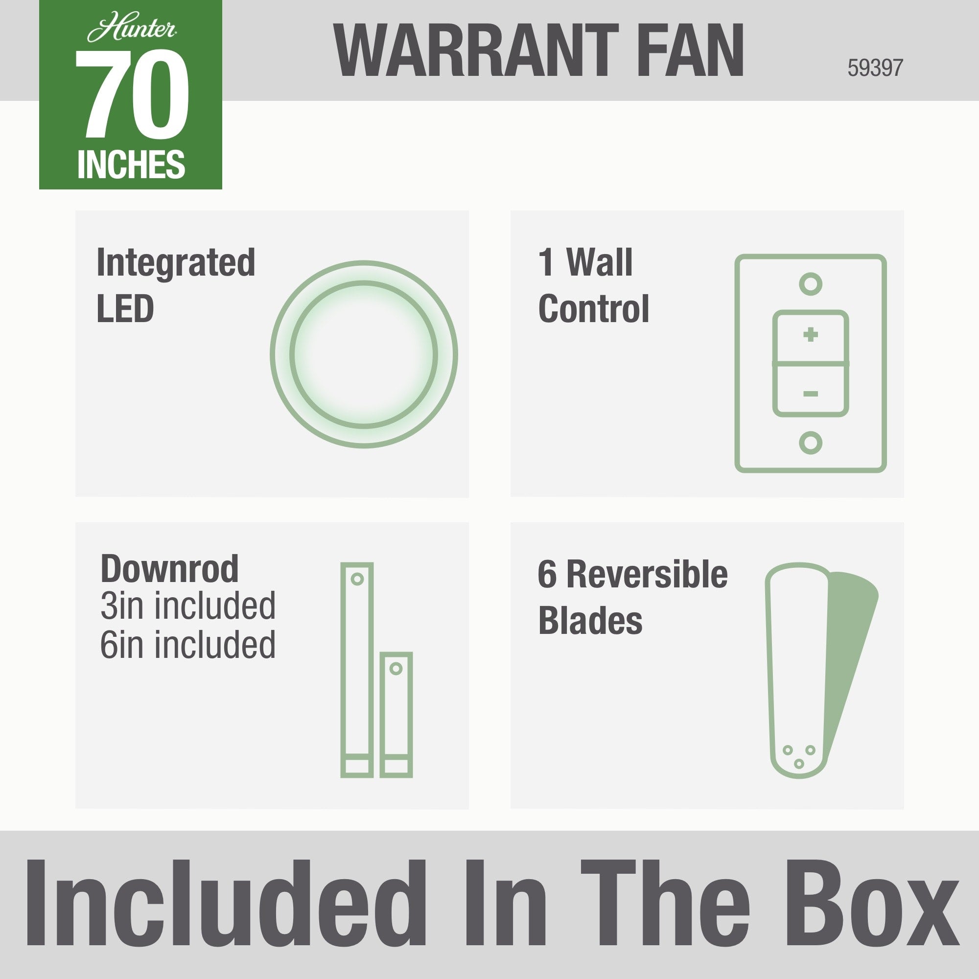 Hunter 70 inch Warrant Ceiling Fan with LED Light Kit and Wall Control Ceiling Fan Hunter   