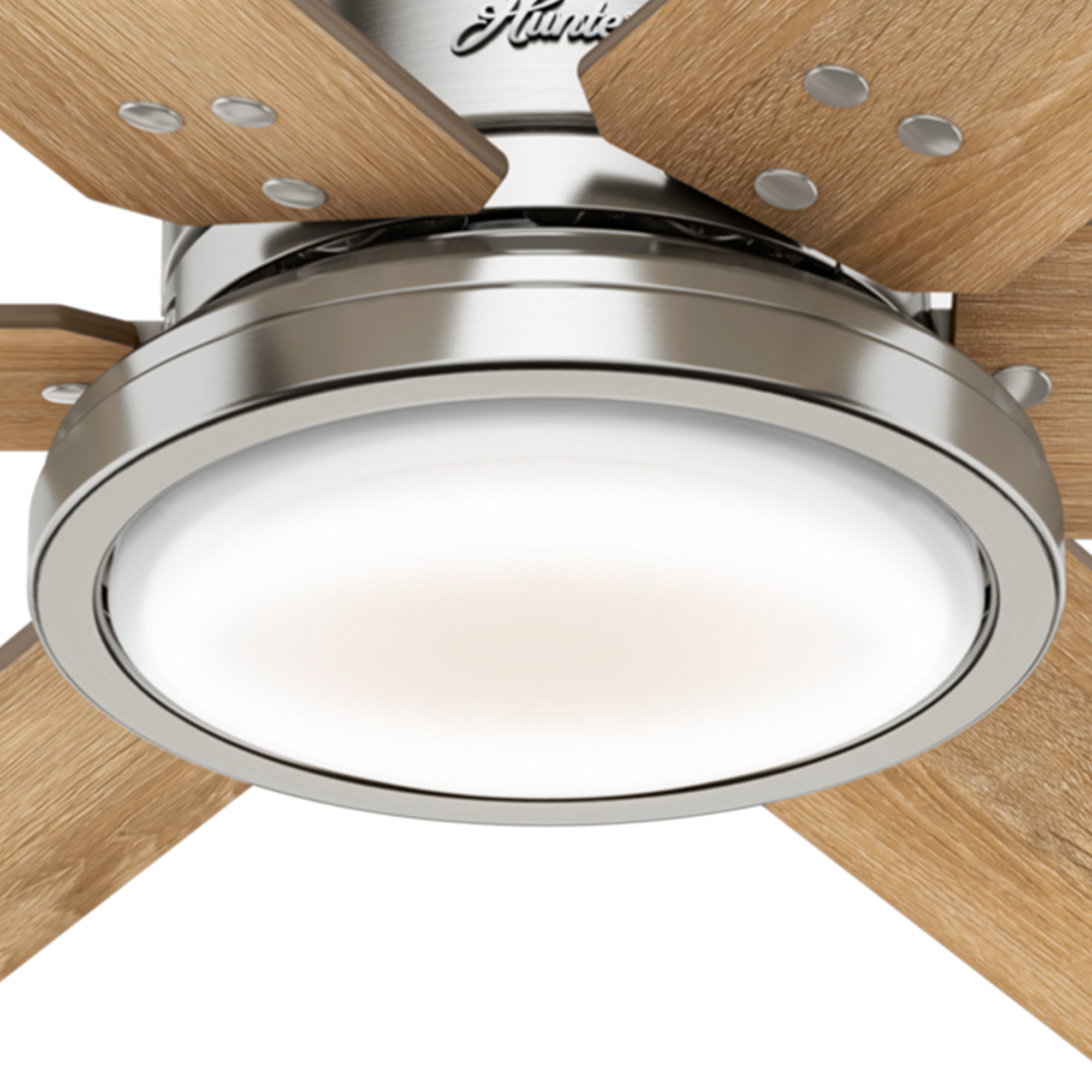 Hunter 70 inch Warrant Ceiling Fan with LED Light Kit and Wall Control Ceiling Fan Hunter Brushed Nickel Drifted Oak / Bleached Grey Pine Painted Cased White
