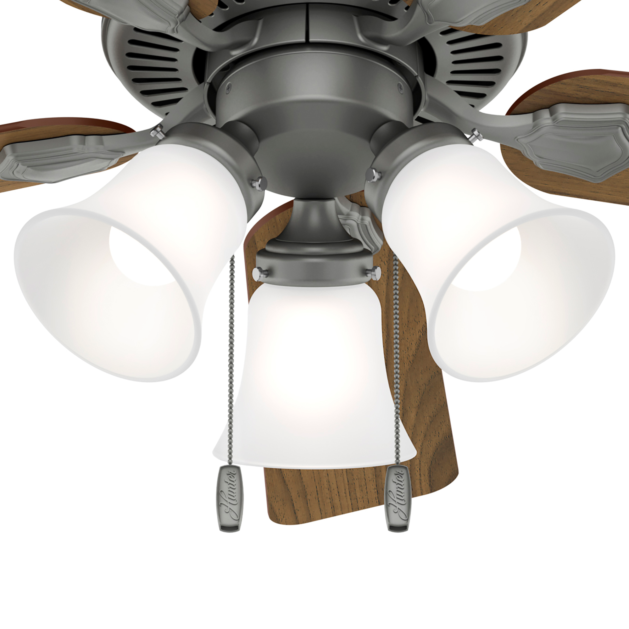 Hunter 44 inch Swanson Ceiling Fan with LED Light Kit and Pull Chain Ceiling Fan Hunter Matte Silver Autumn Walnut / Natural Wood Clear Frosted