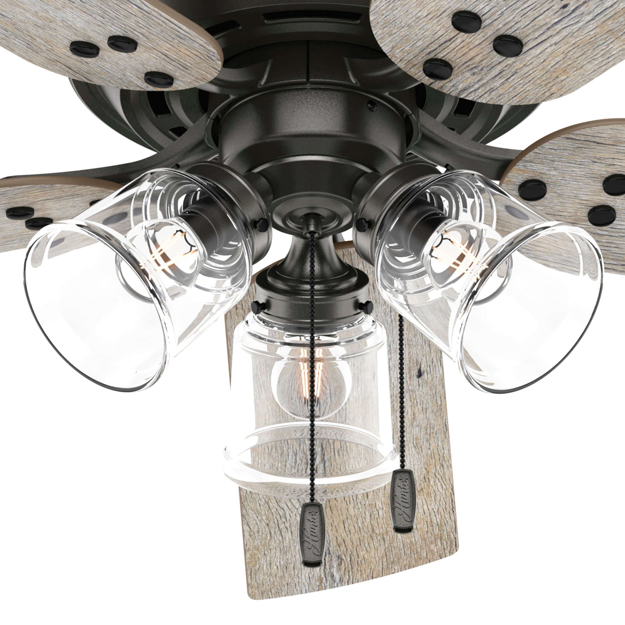 Hunter 52 inch Shady Grove Low Profile Ceiling Fan with LED Light Kit and Pull Chain Ceiling Fan Hunter Noble Bronze Barnwood / Golden Maple Clear