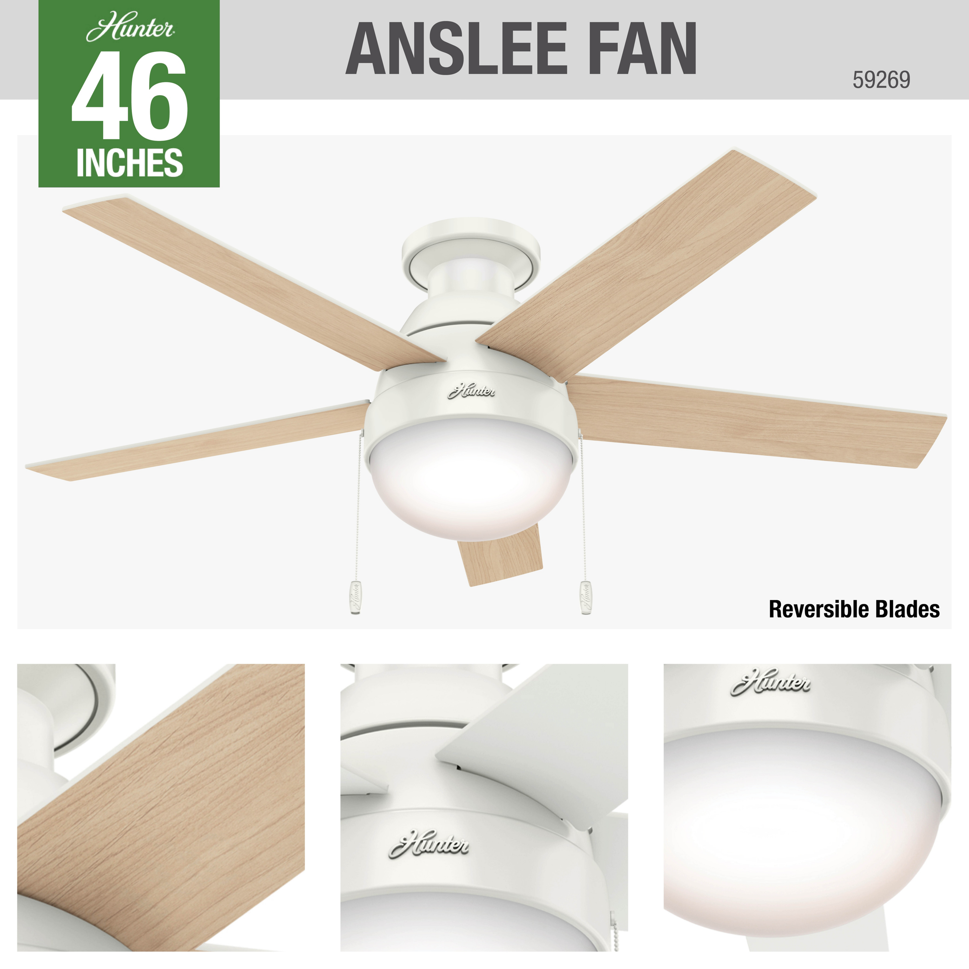 Hunter 46 inch Anslee Low Profile Ceiling Fan with LED Light Kit and Pull Chain Ceiling Fan Hunter   