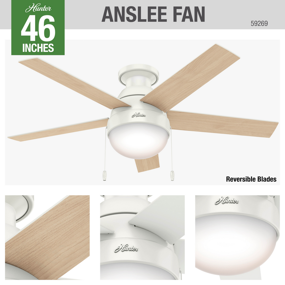 Hunter 46 inch Anslee Low Profile Ceiling Fan with LED Light Kit and Pull Chain