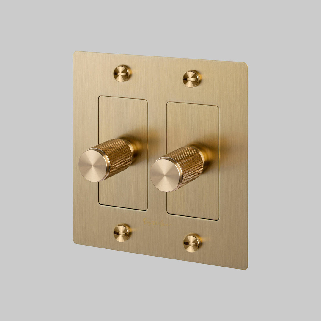 Buster + Punch 2 Gang Dimmer LED Cross Knurl With Logo Brass