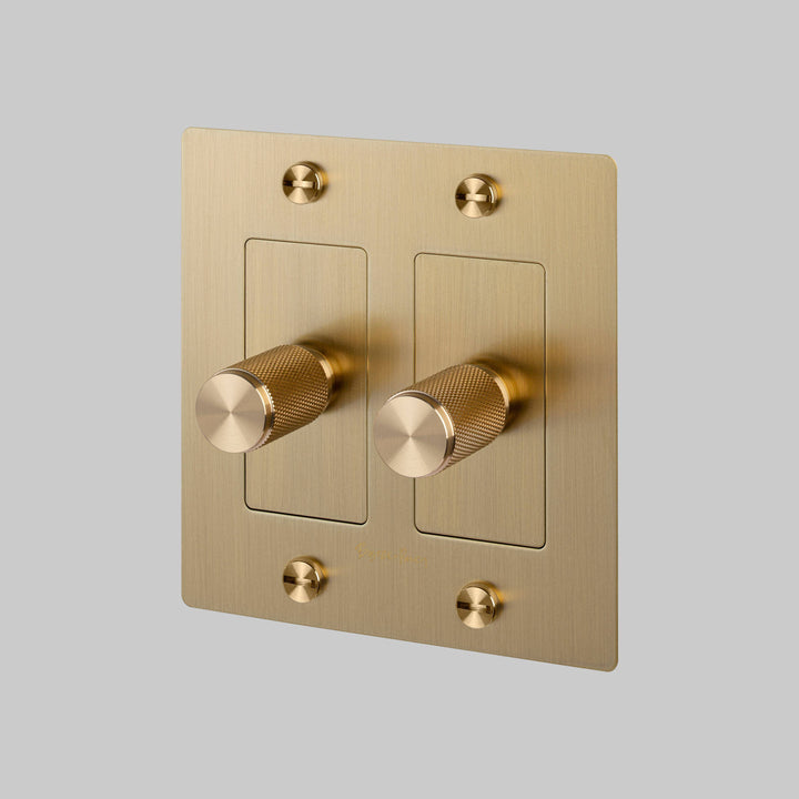 Buster + Punch 2 Gang Dimmer LED Cross Knurl With Logo Brass