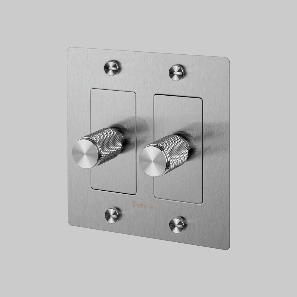 Buster + Punch 2 Gang Dimmer LED Cross Knurl With Logo Steel