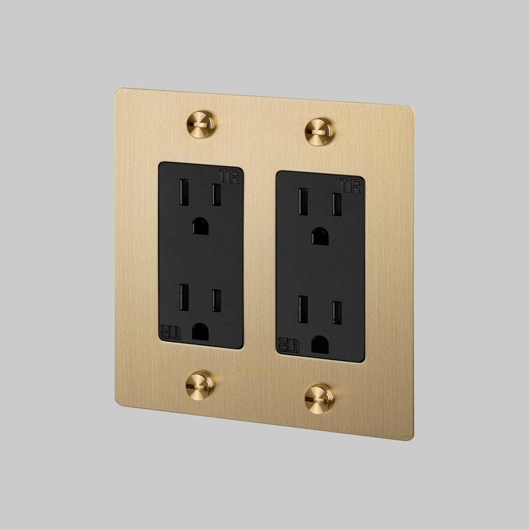 Buster + Punch 2 Gang Duplex Outlet Cross Knurl With Logo Brass