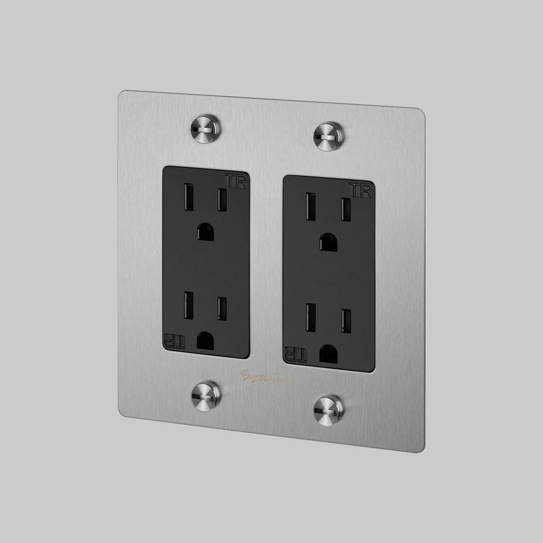 Buster + Punch 2 Gang Duplex Outlet Cross Knurl With Logo Steel
