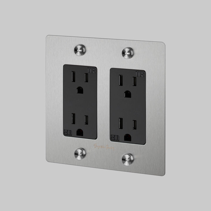Buster + Punch 2 Gang Duplex Outlet Cross Knurl With Logo Steel
