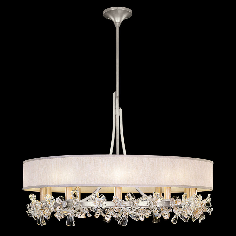 Fine Art Handcrafted Lighting Azu 34.5"W Round Chandelier 915240 in Silver Leaf w/Champagne Fabric Shade (915240-12ST)