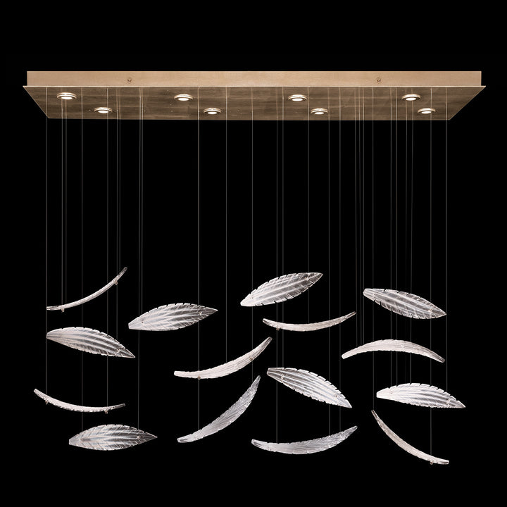 Fine Art Handcrafted Lighting Elevate 54"W Rectangular Pendant 894840-2 in Standard Soft Gold Leaf, White Plumes (894840-222ST)