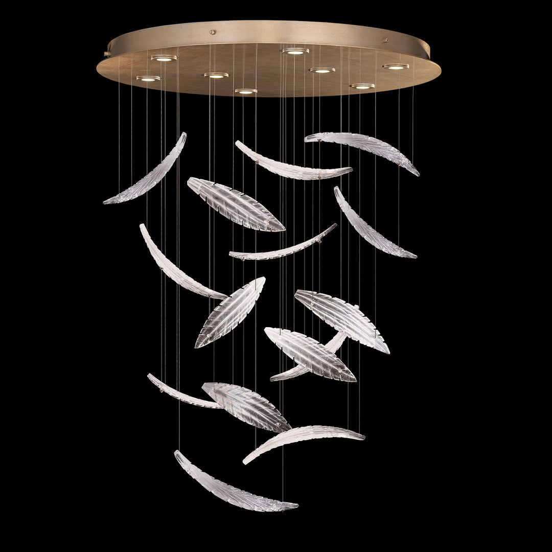 Fine Art Handcrafted Lighting Elevate 32"W Round Pendant 895840-2 in Standard Soft Gold Leaf, White Plumes (895840-222ST)