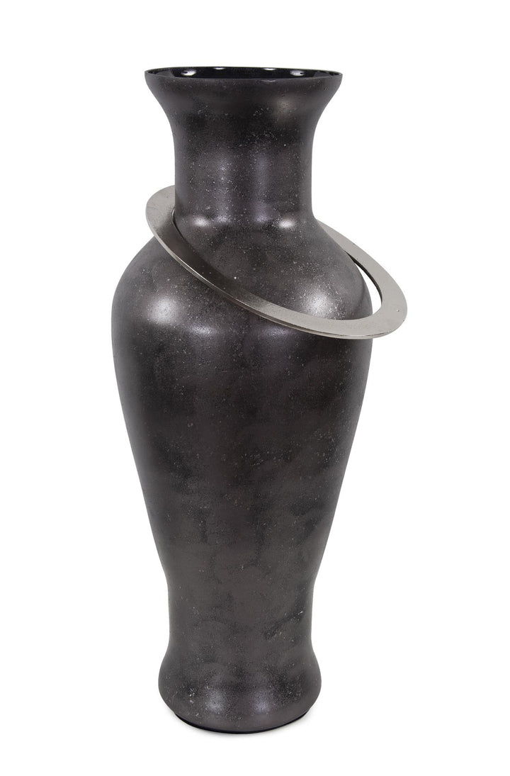 Howard Elliott Black Ore Glass Vase with Metal Accent
