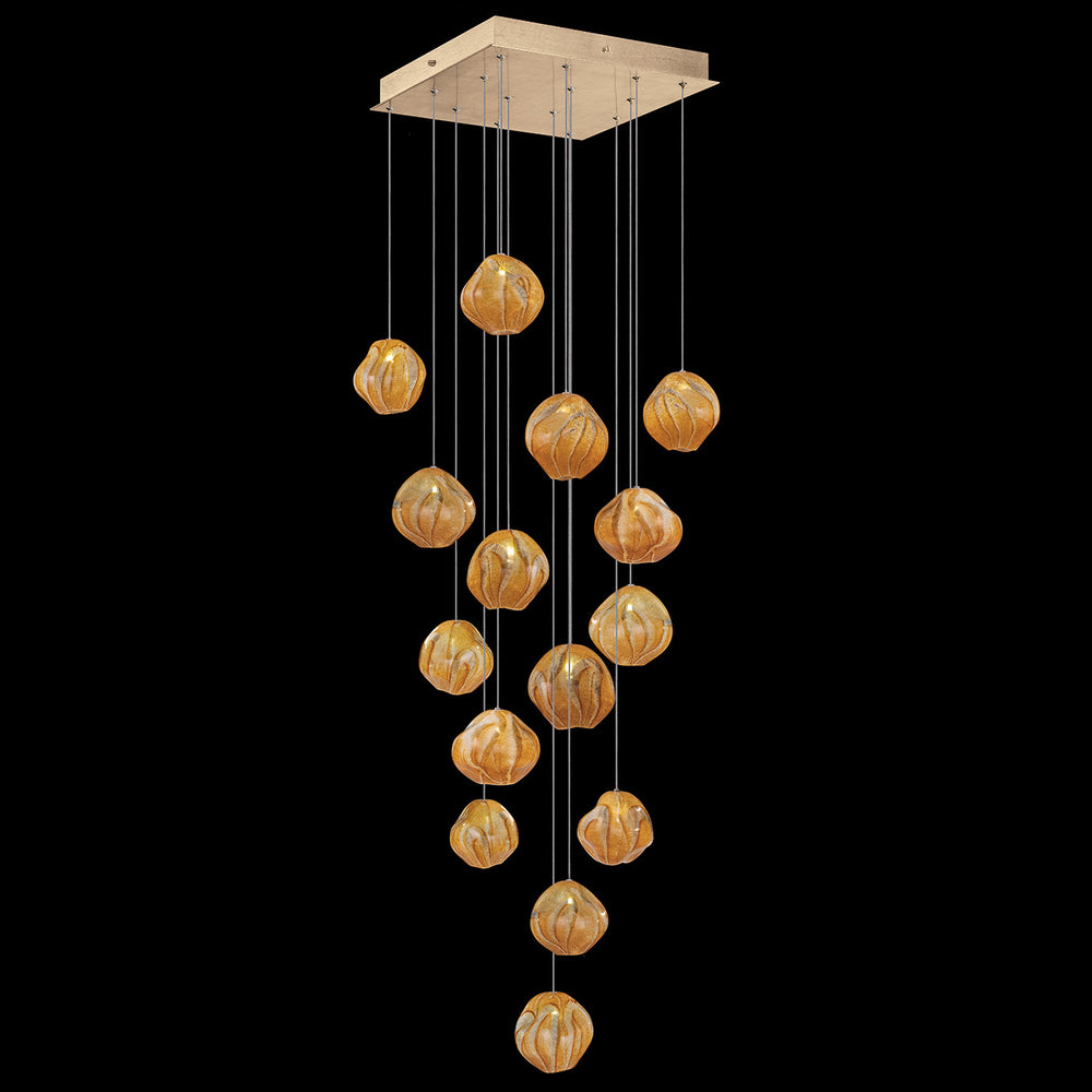 Fine Art Handcrafted Lighting Vesta 19"W Square Pendant in Standard Soft Gold Leaf w/Amber Glass (866840-22LD)