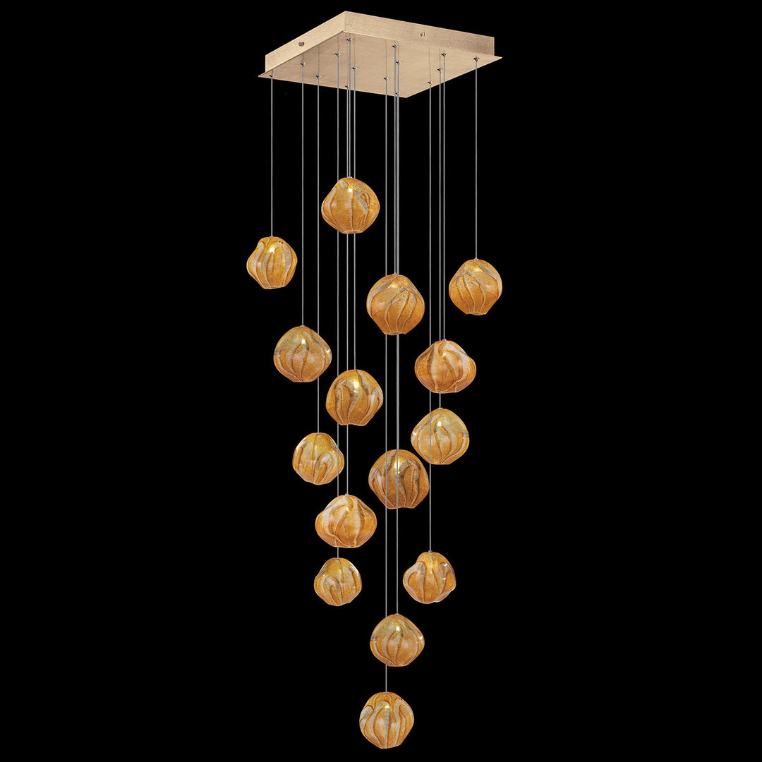 Fine Art Handcrafted Lighting Vesta 19"W Square Pendant in Standard Soft Gold Leaf w/Amber Glass (866840-22LD)