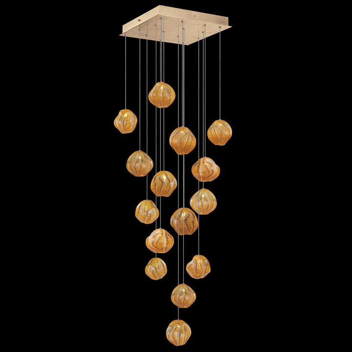 Fine Art Handcrafted Lighting Vesta 19"W Square Pendant in Standard Soft Gold Leaf w/Amber Glass (866840-22LD)