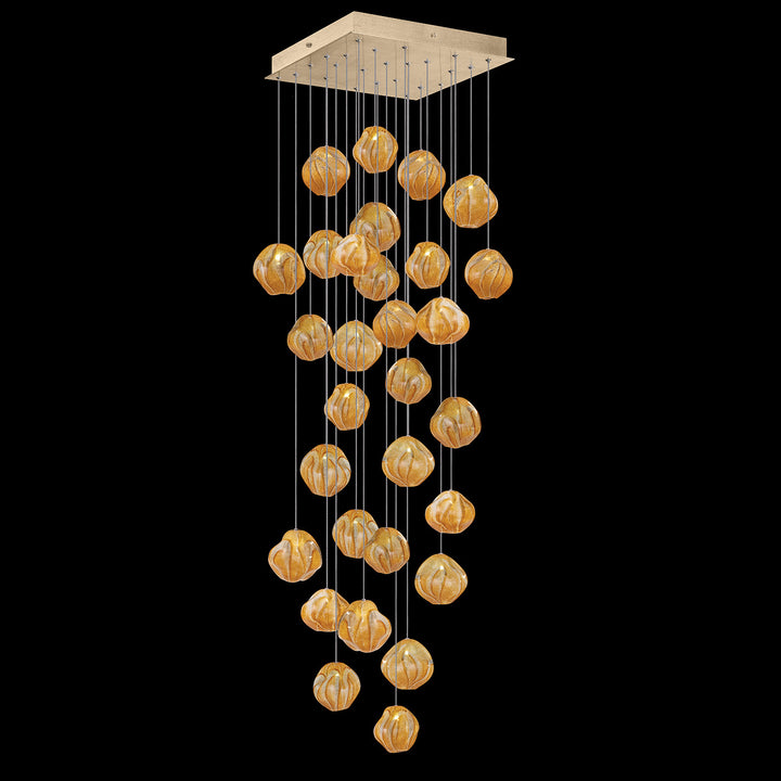 Fine Art Handcrafted Lighting Vesta 30"W Square Pendant in Standard Soft Gold Leaf w/Amber Glass (867640-22LD)