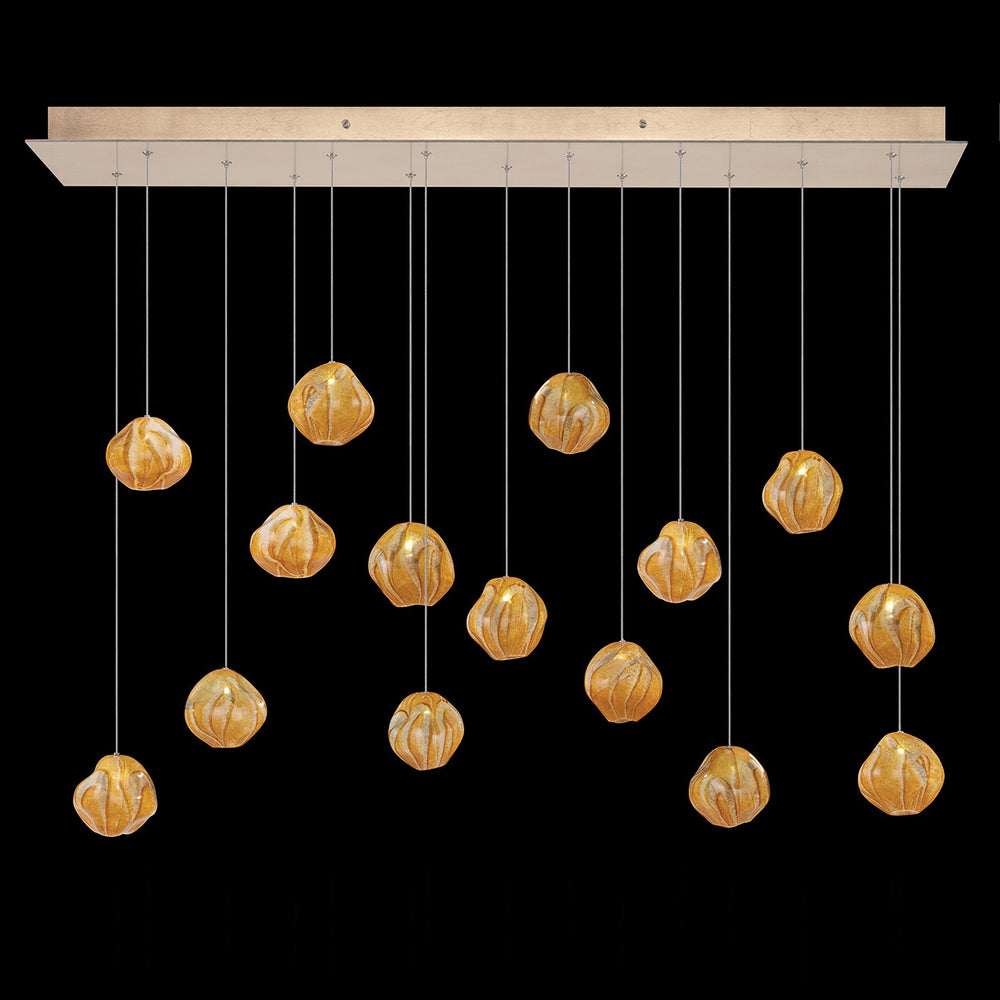Fine Art Handcrafted Lighting Vesta 48"W Rectangular Pendant in Standard Soft Gold Leaf w/Amber Glass (868240-22LD)