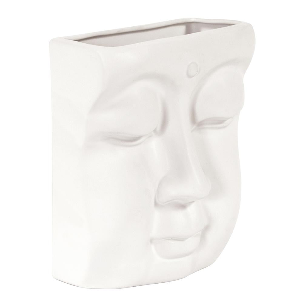 Howard Elliott Collection Abstract Buddha Face in Eggshell White Ceramic Wall Vase