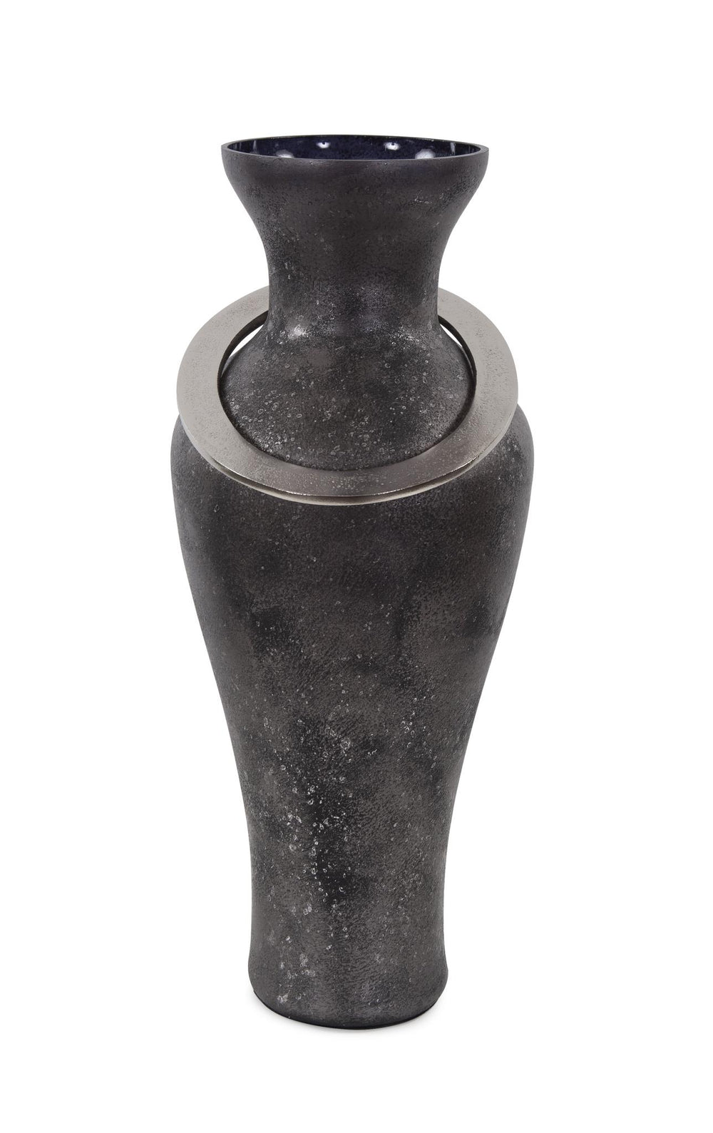 Howard Elliott Black Ore Glass Vase with Metal Accent