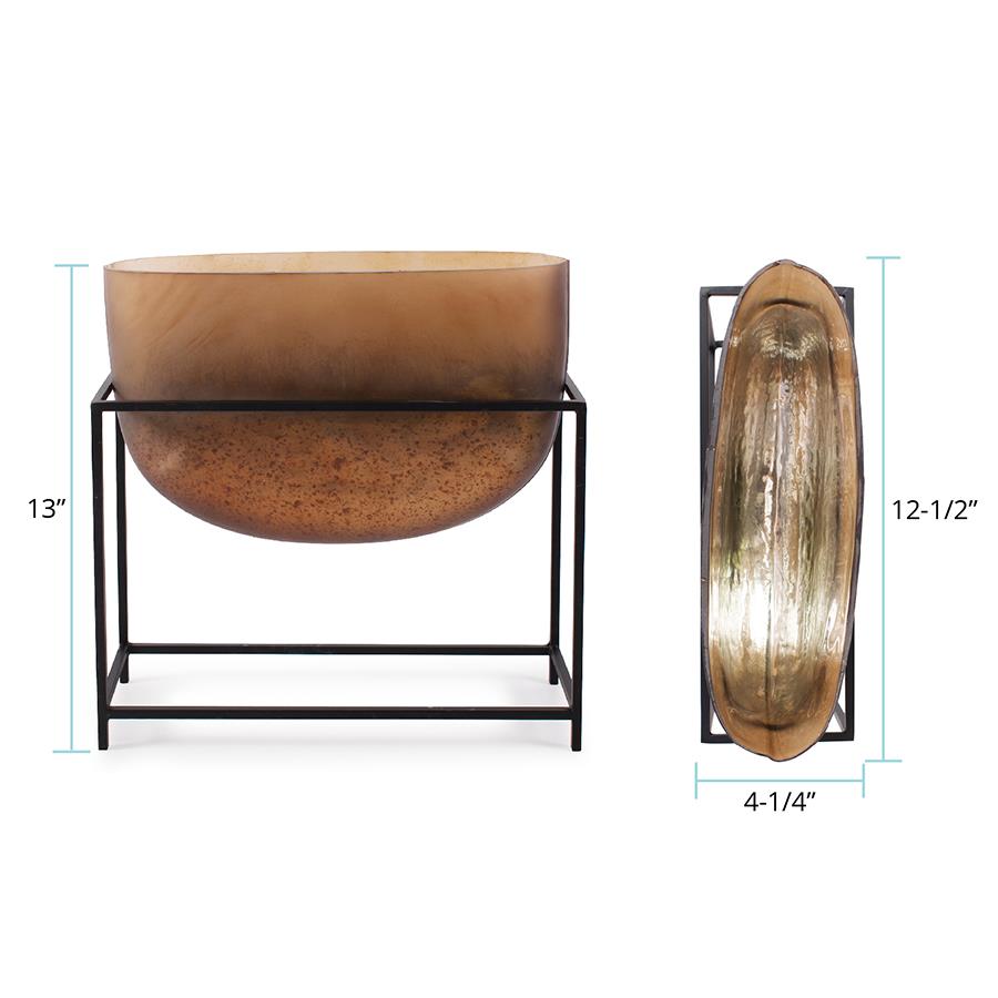 Howard Elliott Bronze Euler Wide Mouth Vase with Black Iron Stand