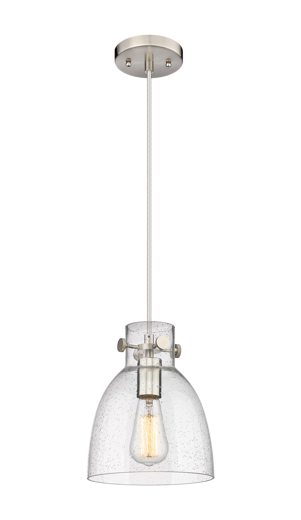 Innovations Lighting Newton Bell 8" Pendant - Brushed Satin Nickel Pendants Innovations Lighting Seedy ; Glass Type: Seeded  