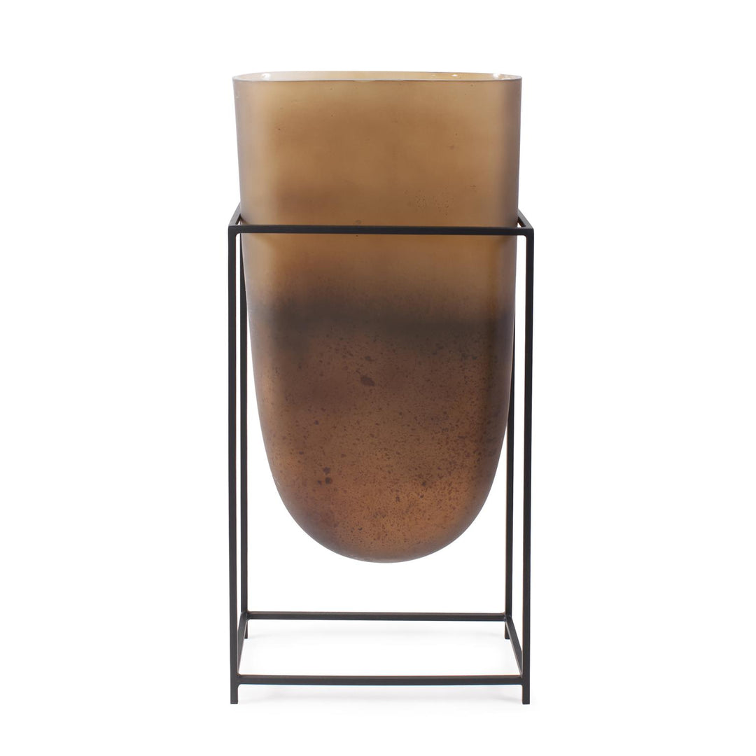 Howard Elliott Collection Bronze Euler Vase with Black Iron Stand, Tall