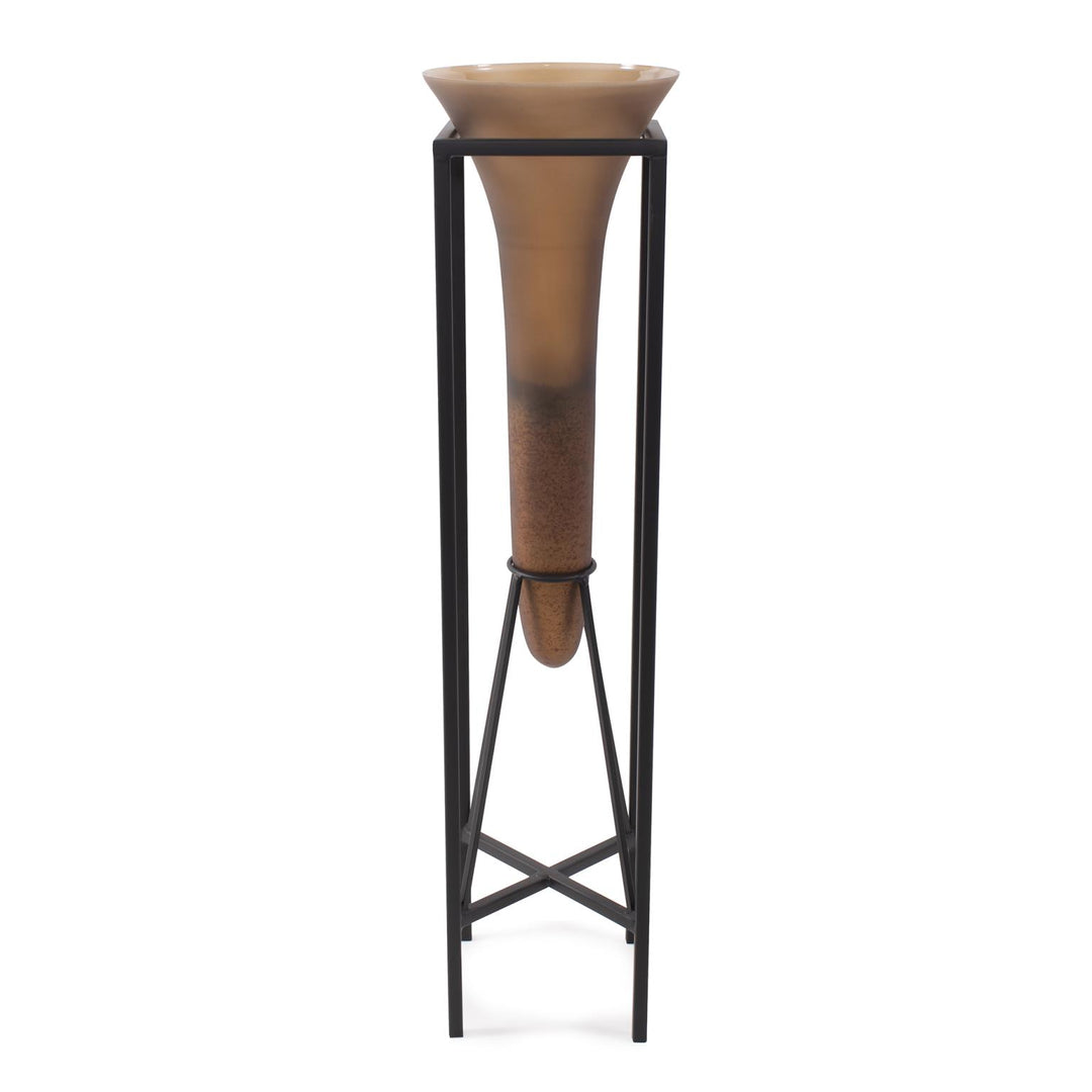 Howard Elliott Collection Bronze Euler Drop Vase with Black Iron Stand, Large