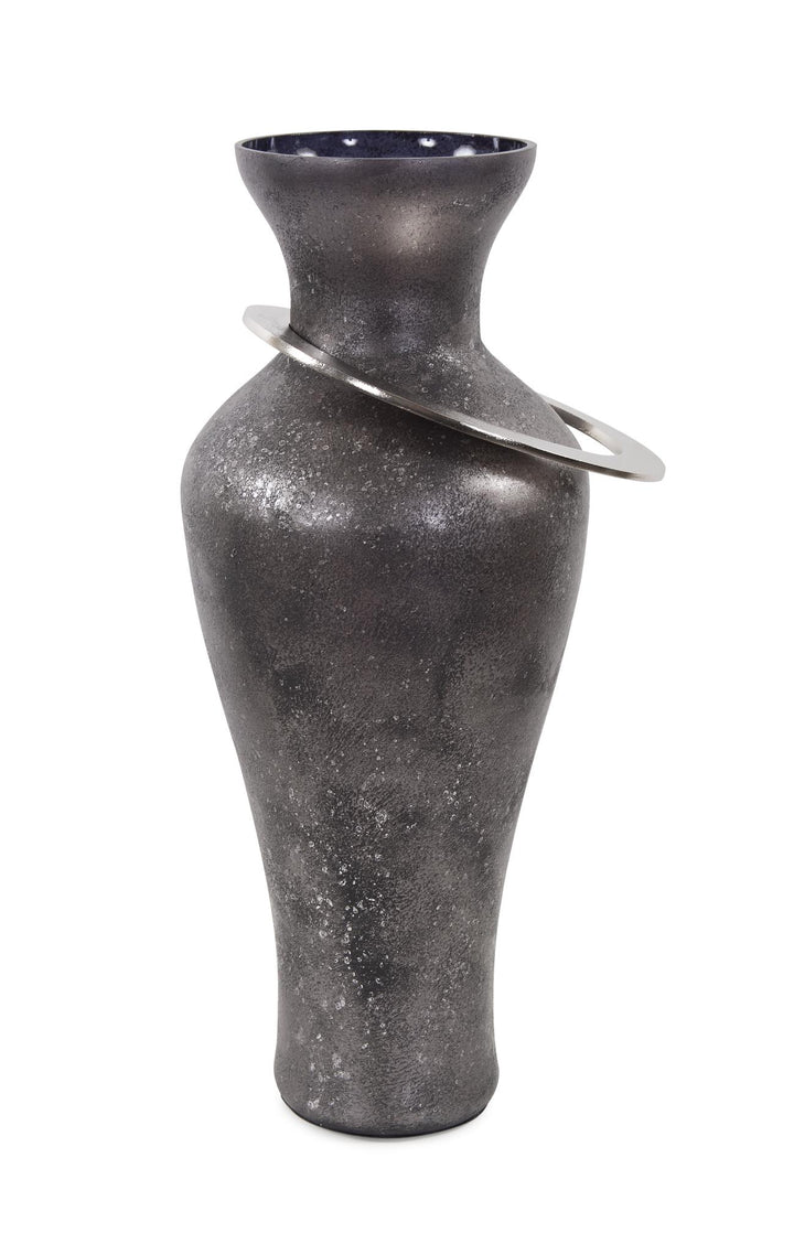 Howard Elliott Black Ore Glass Vase with Metal Accent