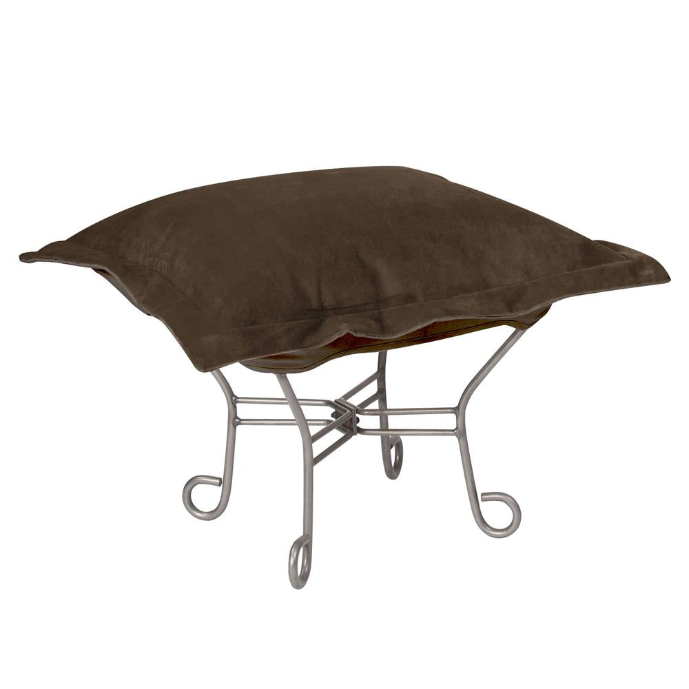 Howard Elliott Collection Scroll Puff Ottoman Bella Chocolate Titanium Frame Ottomans Howard Elliott Collection   