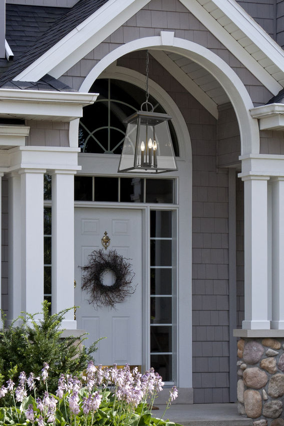 Z-Lite Broughton Outdoor Hanging Light installed on a home exterior