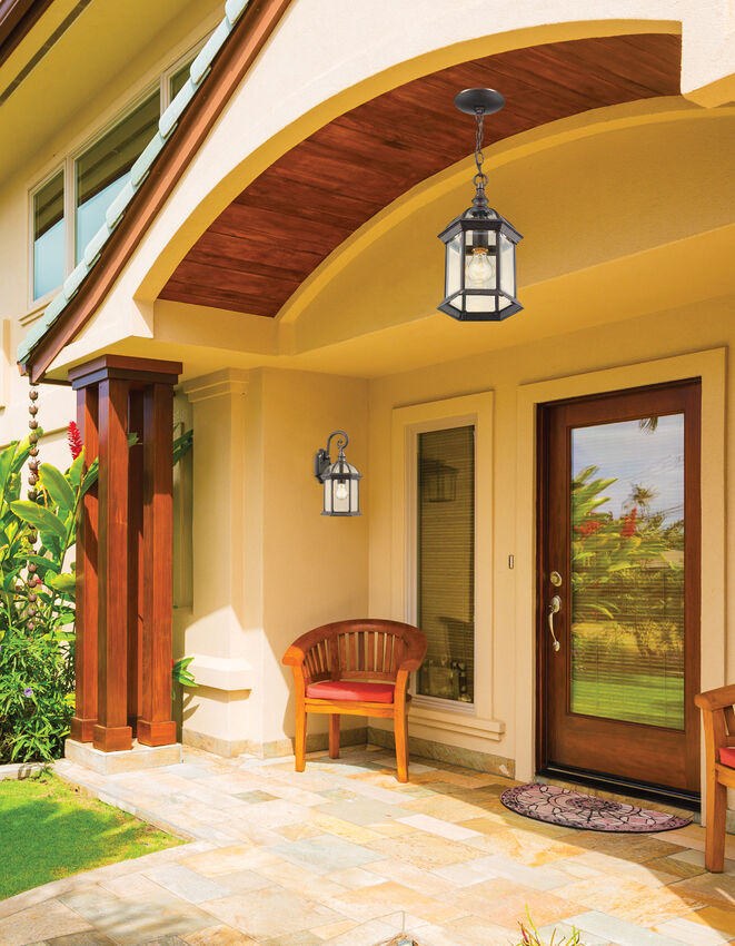 Z-Lite Annex Outdoor Hanging Light installed on a home exterior