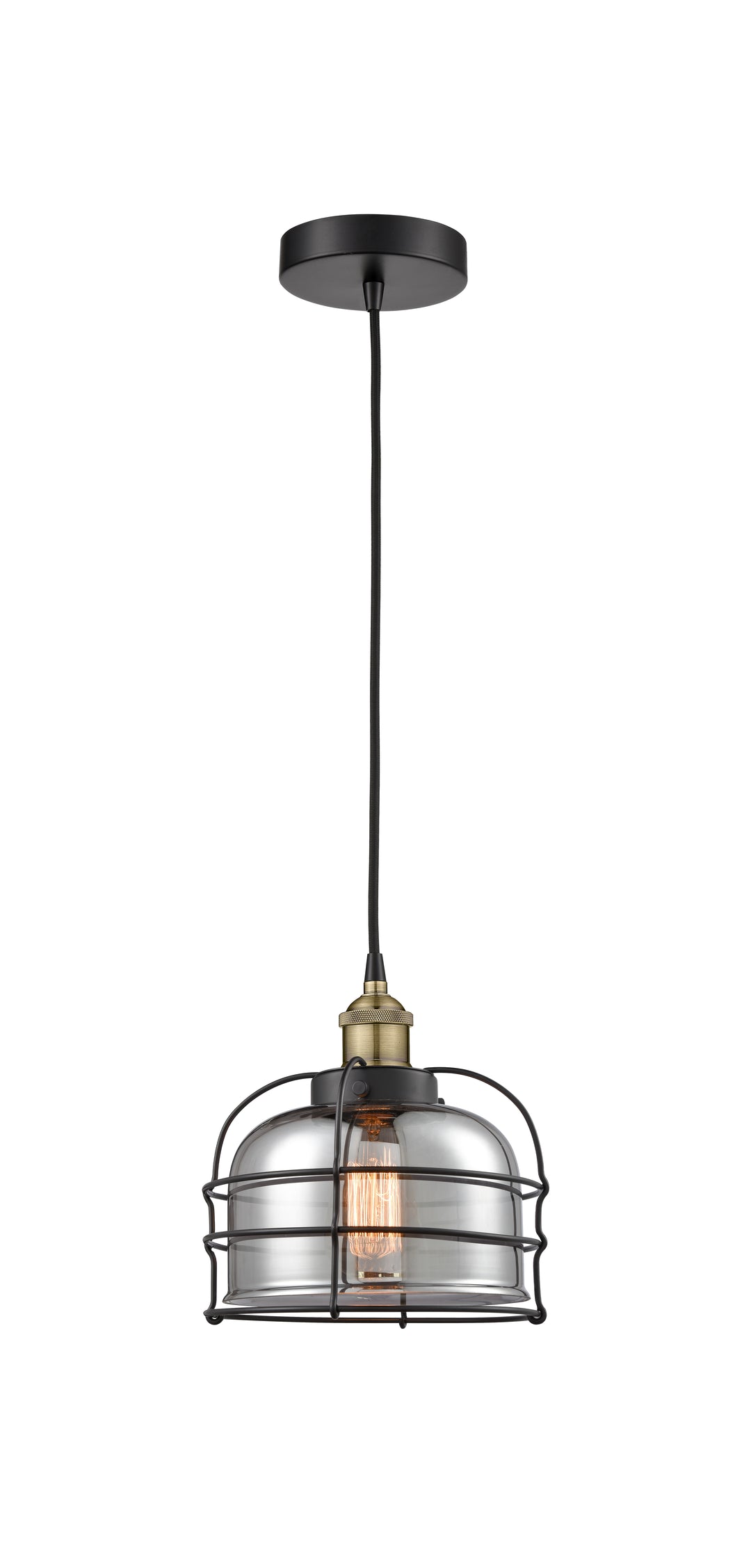 Innovations Lighting Bell Cage 9" Mini Pendant - Black Antique Brass Mini-Pendants Innovations Lighting Light Smoke ; Glass Type: Colorful  