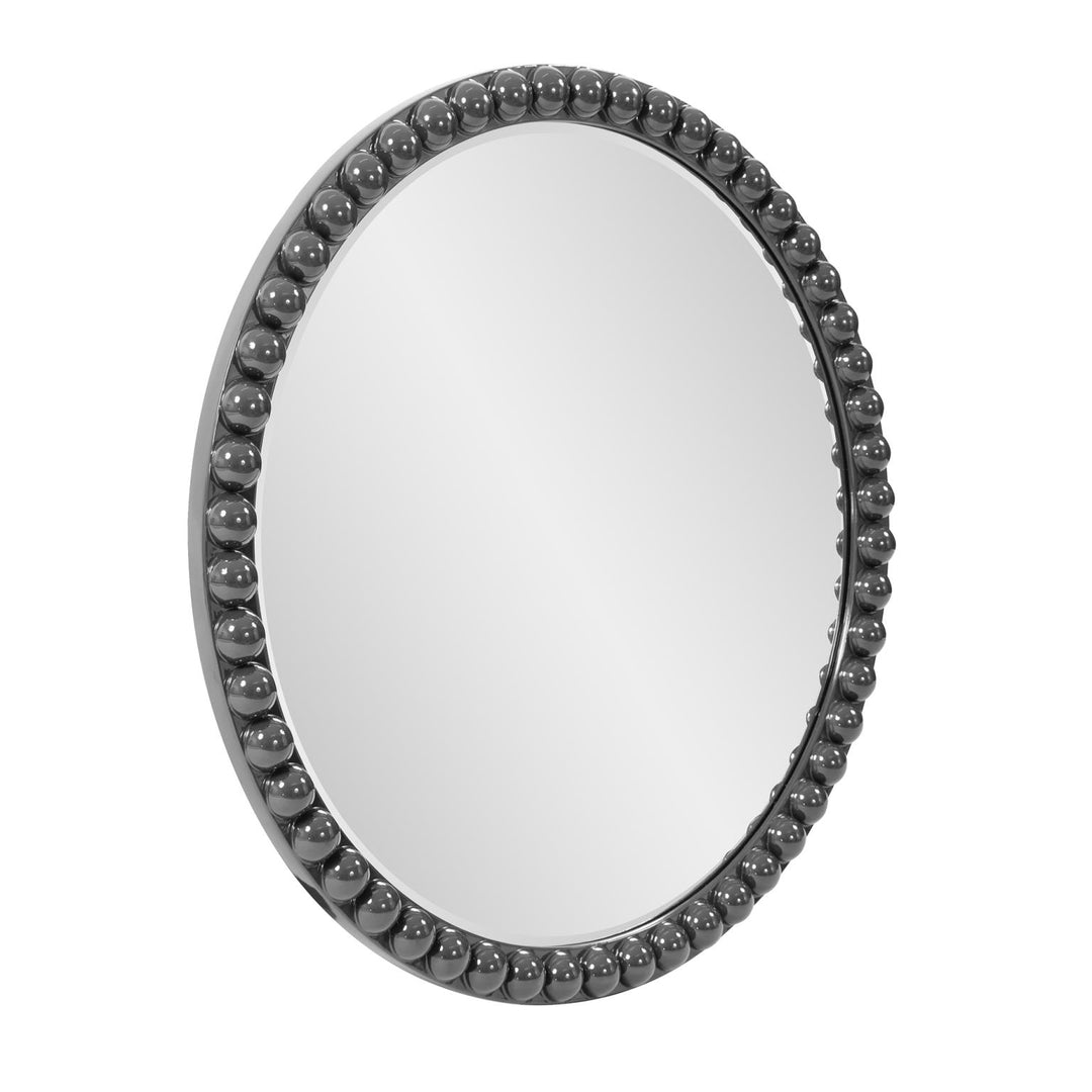 Howard Elliott Collection Varsha Round Oversized Beaded Mirror in Glossy Charcoal Gray