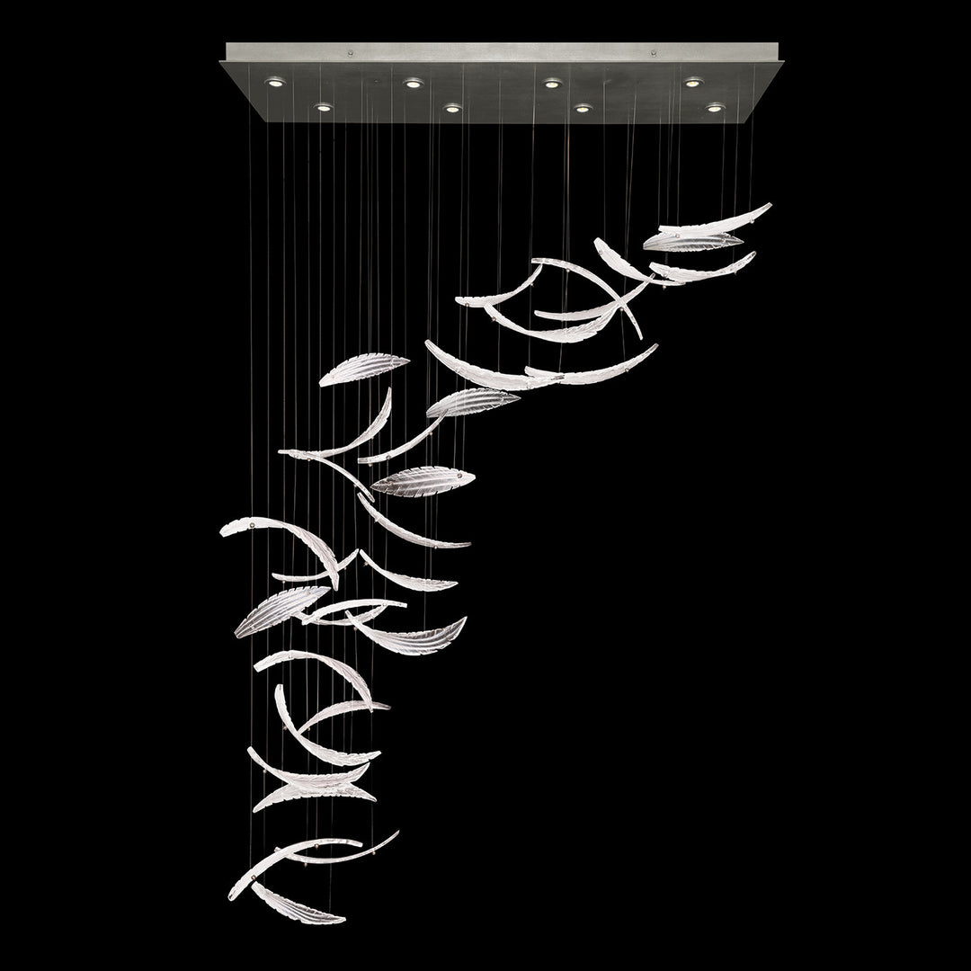 Fine Art Handcrafted Lighting Elevate 54"W Rectangular Pendant 894840 in Standard Silver Leaf, White Plumes (894840-121ST)