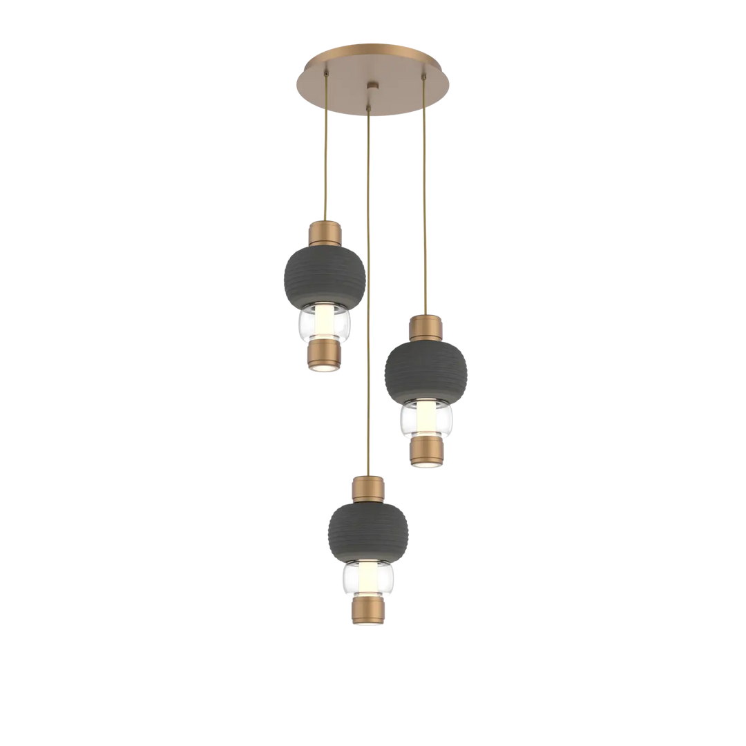 Hammerton Studio Torno Mandrel Multi-Pendant Chandelier Novel Brass / 3-Piece / Clear / Charcoal Ceramic