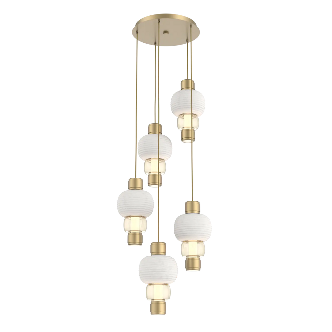 Hammerton Studio Torno Mandrel Multi-Pendant Chandelier Gilded Brass / 5-Piece / Amber / Chalk Ceramic