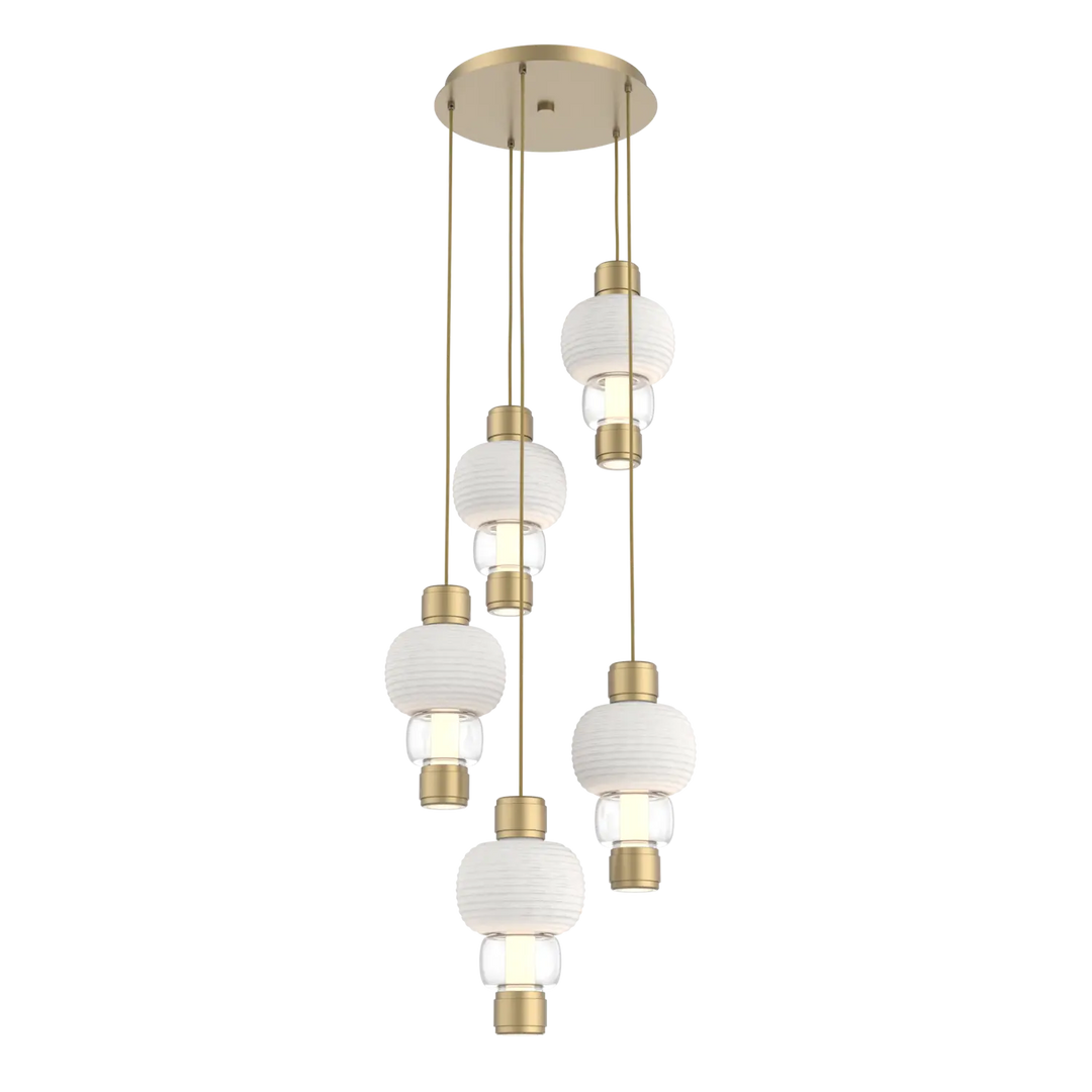 Hammerton Studio Torno Mandrel Multi-Pendant Chandelier Gilded Brass / 5-Piece / Clear / Chalk Ceramic