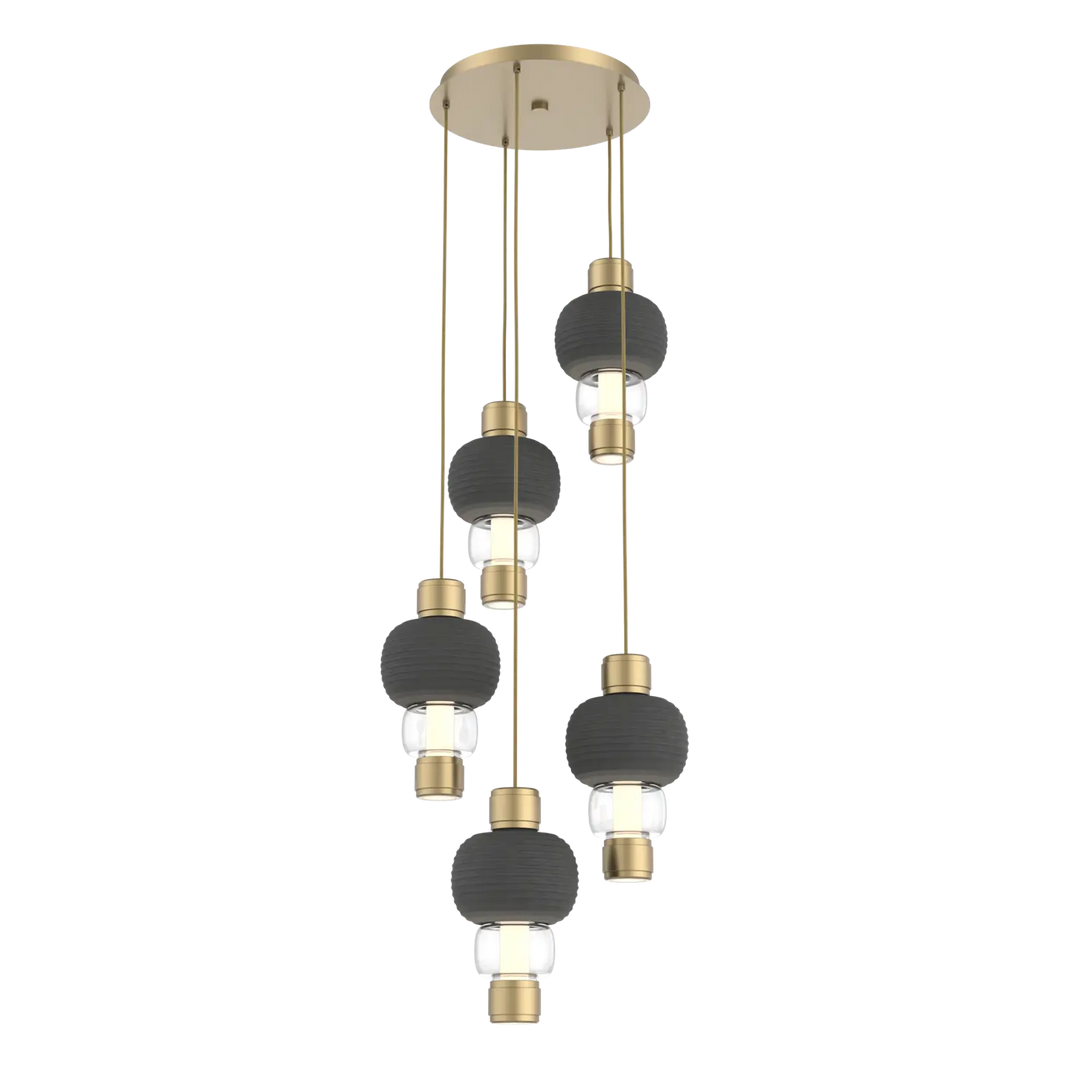 Hammerton Studio Torno Mandrel Multi-Pendant Chandelier Gilded Brass / 5-Piece / Clear / Charcoal Ceramic