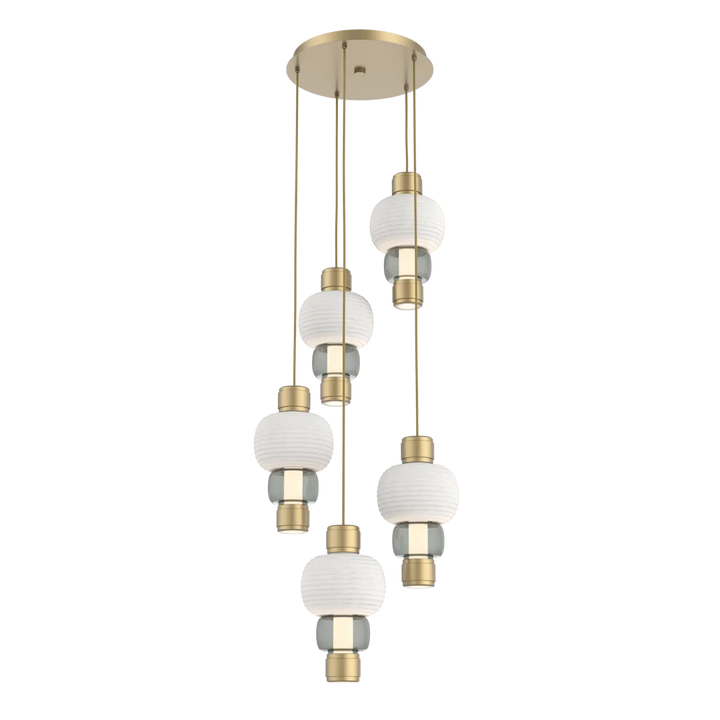 Hammerton Studio Torno Mandrel Multi-Pendant Chandelier Gilded Brass / 5-Piece / Smoke / Chalk Ceramic