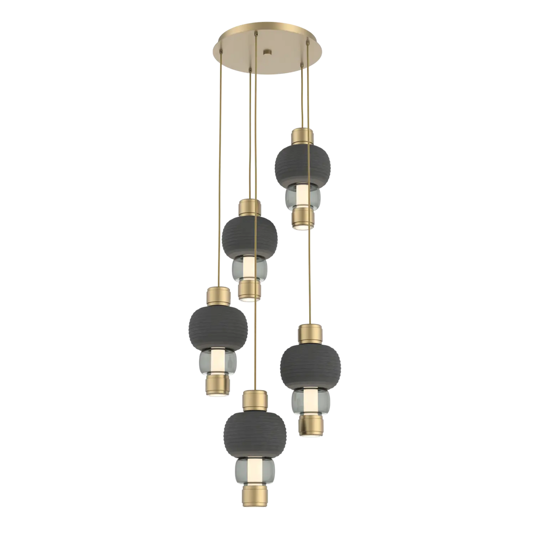 Hammerton Studio Torno Mandrel Multi-Pendant Chandelier Gilded Brass / 5-Piece / Smoke / Charcoal Ceramic