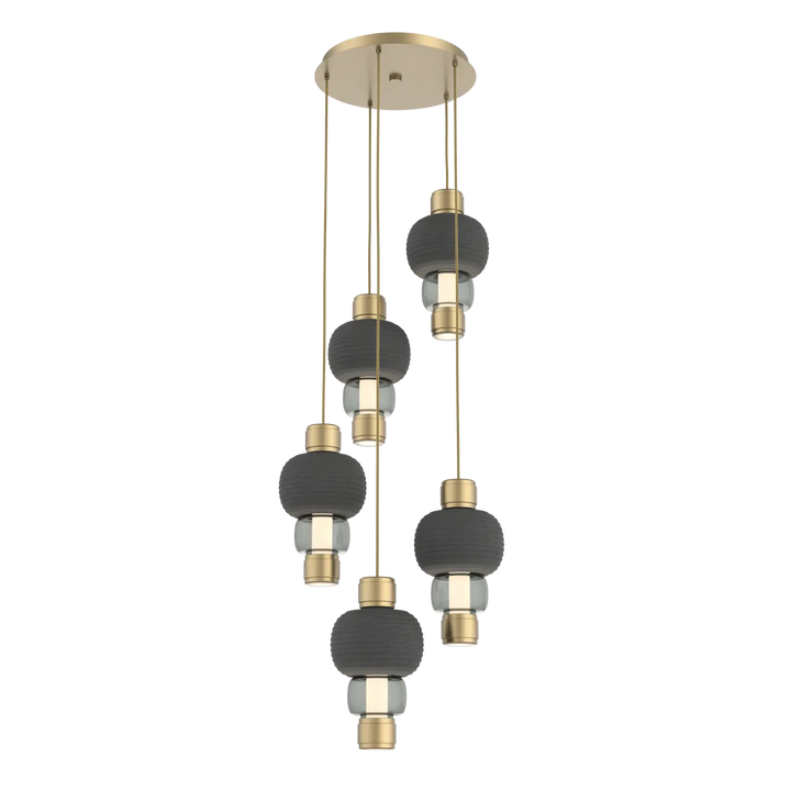 Hammerton Studio Torno Mandrel Multi-Pendant Chandelier Gilded Brass / 5-Piece / Smoke / Charcoal Ceramic