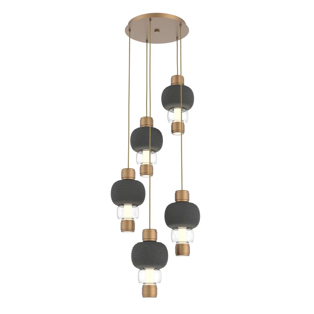 Hammerton Studio Torno Mandrel Multi-Pendant Chandelier Novel Brass / 5-Piece / Clear / Charcoal Ceramic