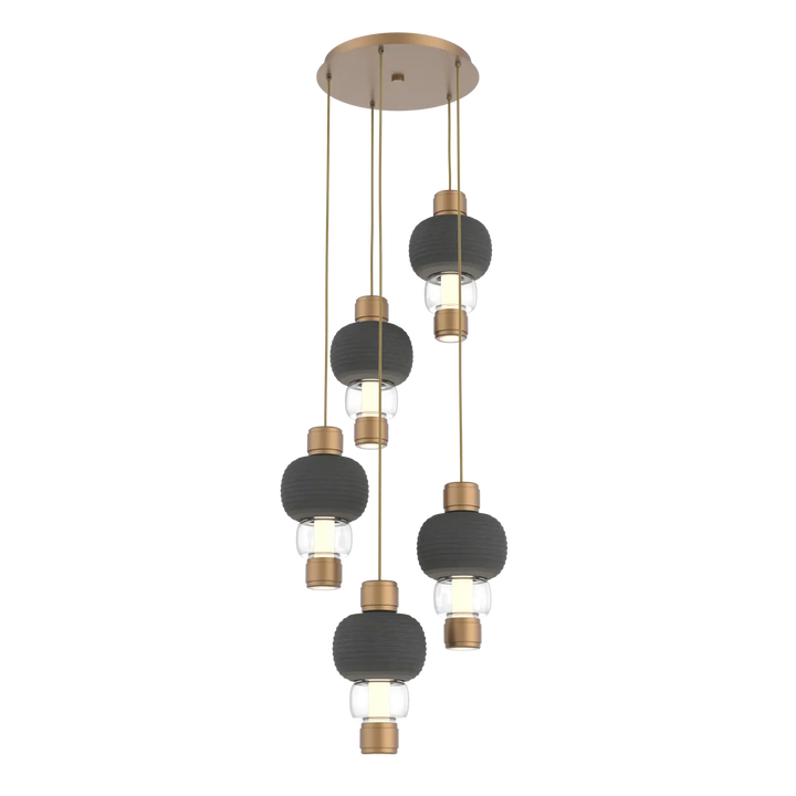 Hammerton Studio Torno Mandrel Multi-Pendant Chandelier Novel Brass / 5-Piece / Clear / Charcoal Ceramic